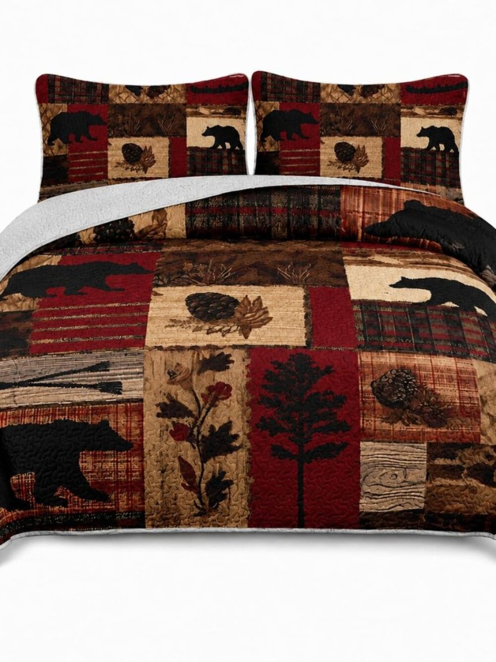 Black Bear Bedding Quilt Set 3-Piece Brown Retro Rustic Bears Bedspread Coverlet